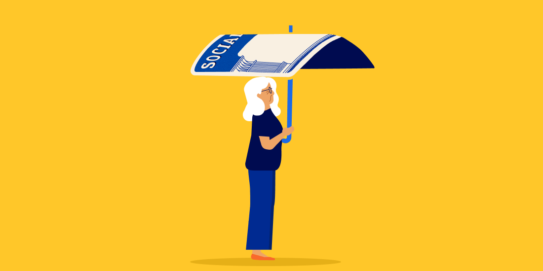 Woman standing under a social security card umbrella.